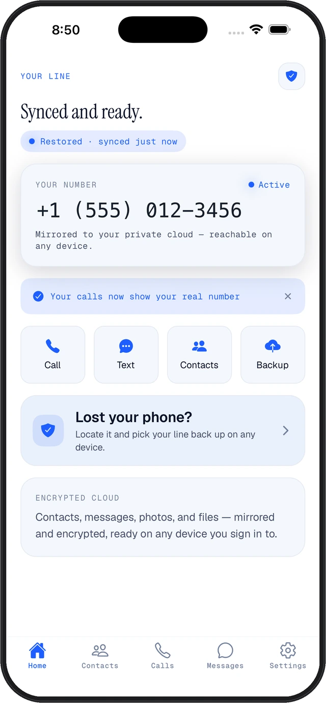 MobileyMe home screen showing a synced line and its number, with Call, Text, Contacts, and Backup actions